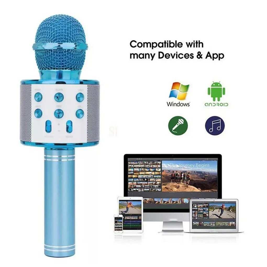 

Wireless Karaoke Microphone Bluetooth Handheld Portable Speaker Home KTV Player with Dancing LED Lights Record Function for Kids