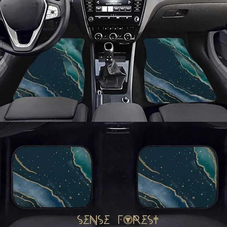 

Boho Teal Blue Gold Agate marbled Car floor mats, Turf loop women car mat decor, custom watercolor women car accessories gift se