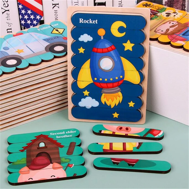 

Kids Animal 3D Wooden Puzzle Montessori Toy Double-sided Strip Puzzle Telling Story Stacking Jigsaw Educational Toy For Children