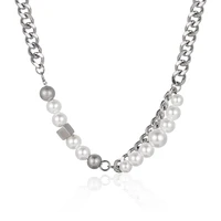 stainless steel silver color artificial pearl beads block cable chain trend fashion chain necklace jewelry gift for him