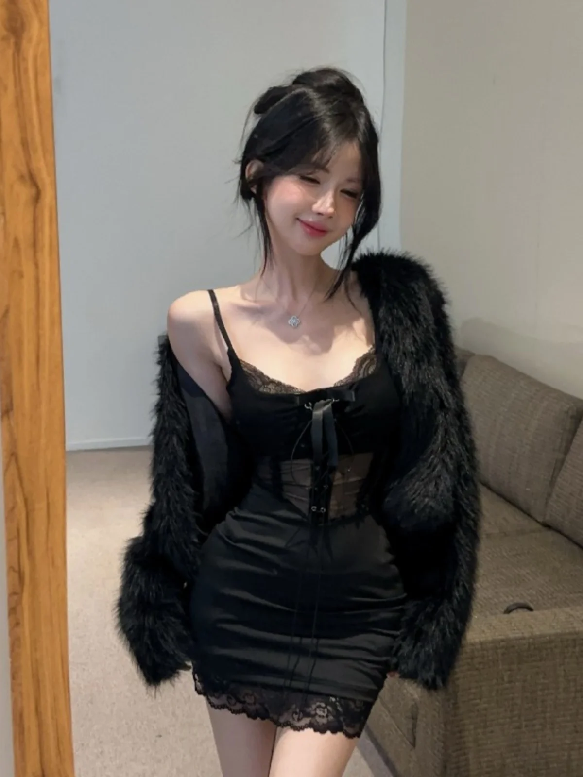 Осенняя одежда Gyaru Sle черное кружевное сексуальное платье на бретельках детское