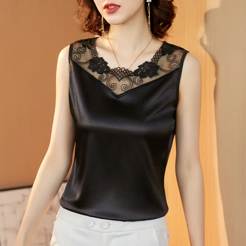 

#1148 Black White Red Blue Lace V-neck Satin Tank Top Women Slim Office Lady Silk Tank Top Female Sleeveless Elegant Top Sexy