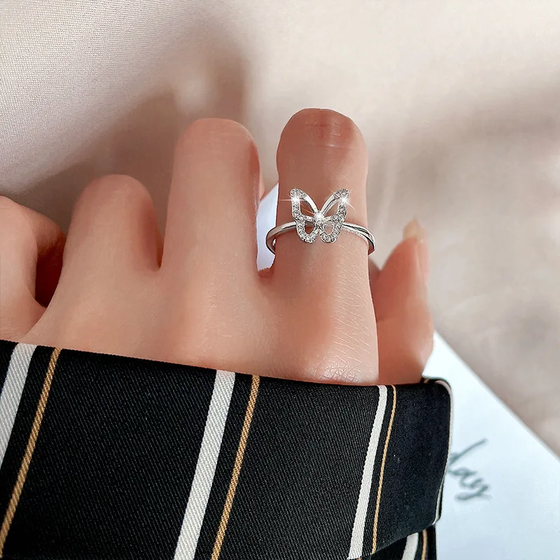 Модные кольца серебряного цвета с кристаллами и бабочкой Регулируемые Стразы
