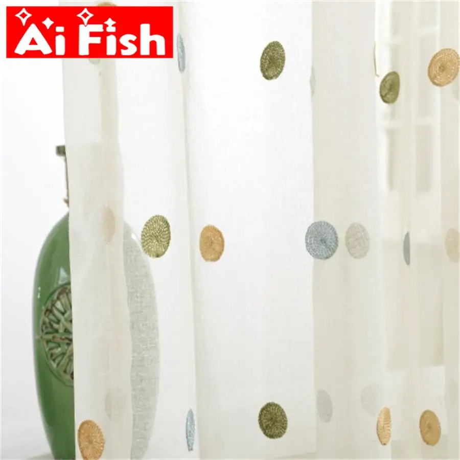 Colorful Circle Embroidery Sheer Curtains For Living Room Drapes White Window Screen Cotton Linen Bedroom Tulle Curtain  ZH035-5