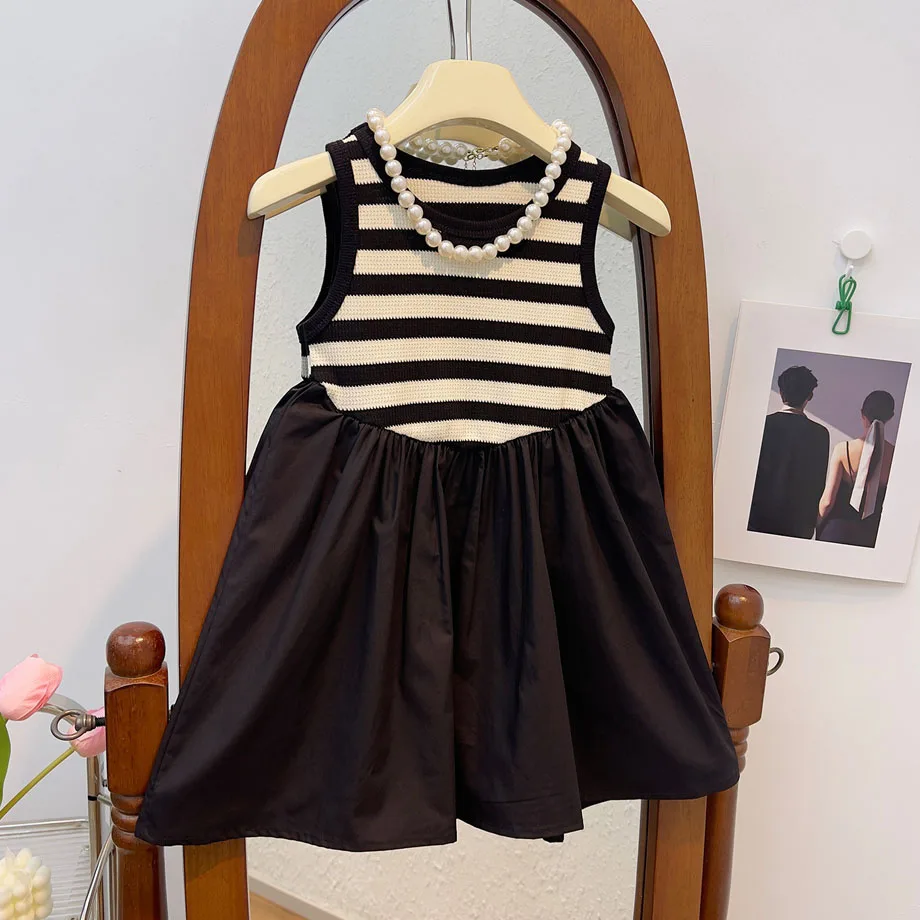 

Girls Dresses Summer 2023 Black And White Striped Sleeveless O-Neck Tank Dress Korean Style Kids Clothing 2 To 10 Years Children