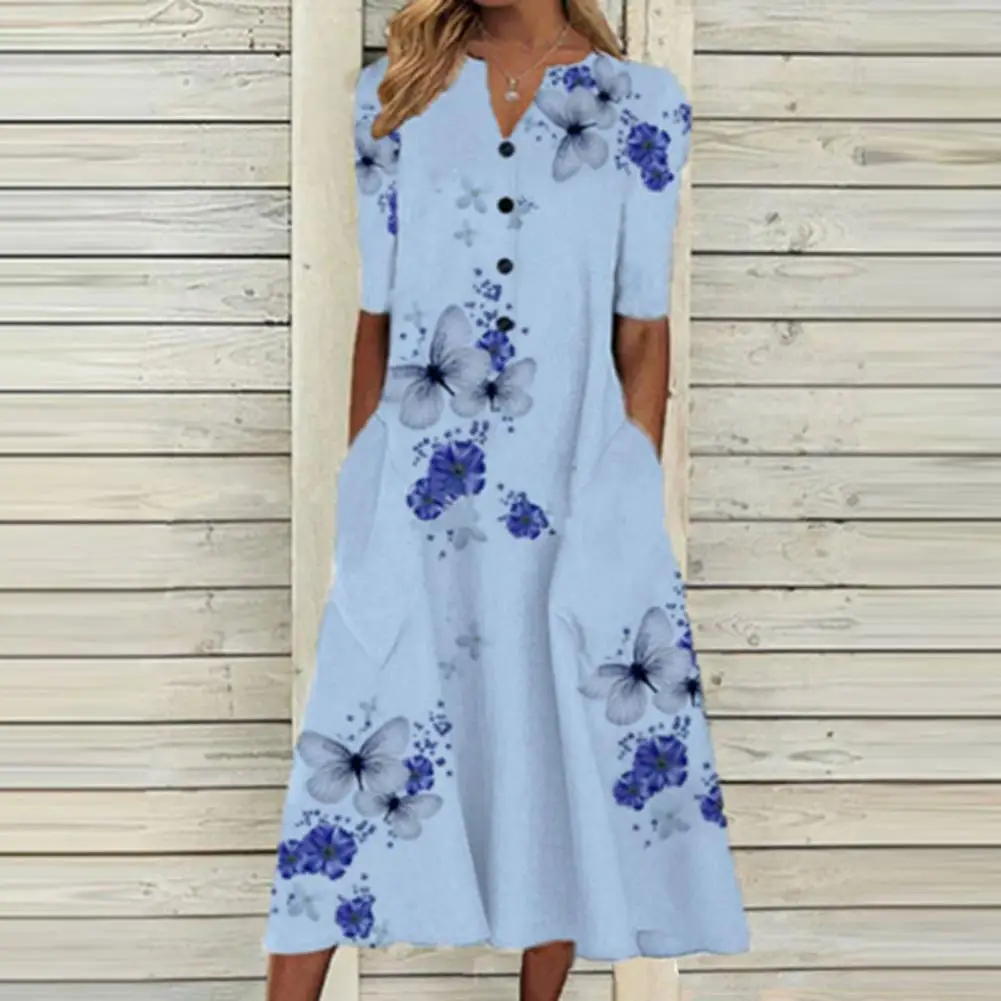 

Women Summer Dress Button Printing V-neck Flower Print Buttons Dress-up Loose Butterflies Pattern Plus Size Midi Dress Women Clo