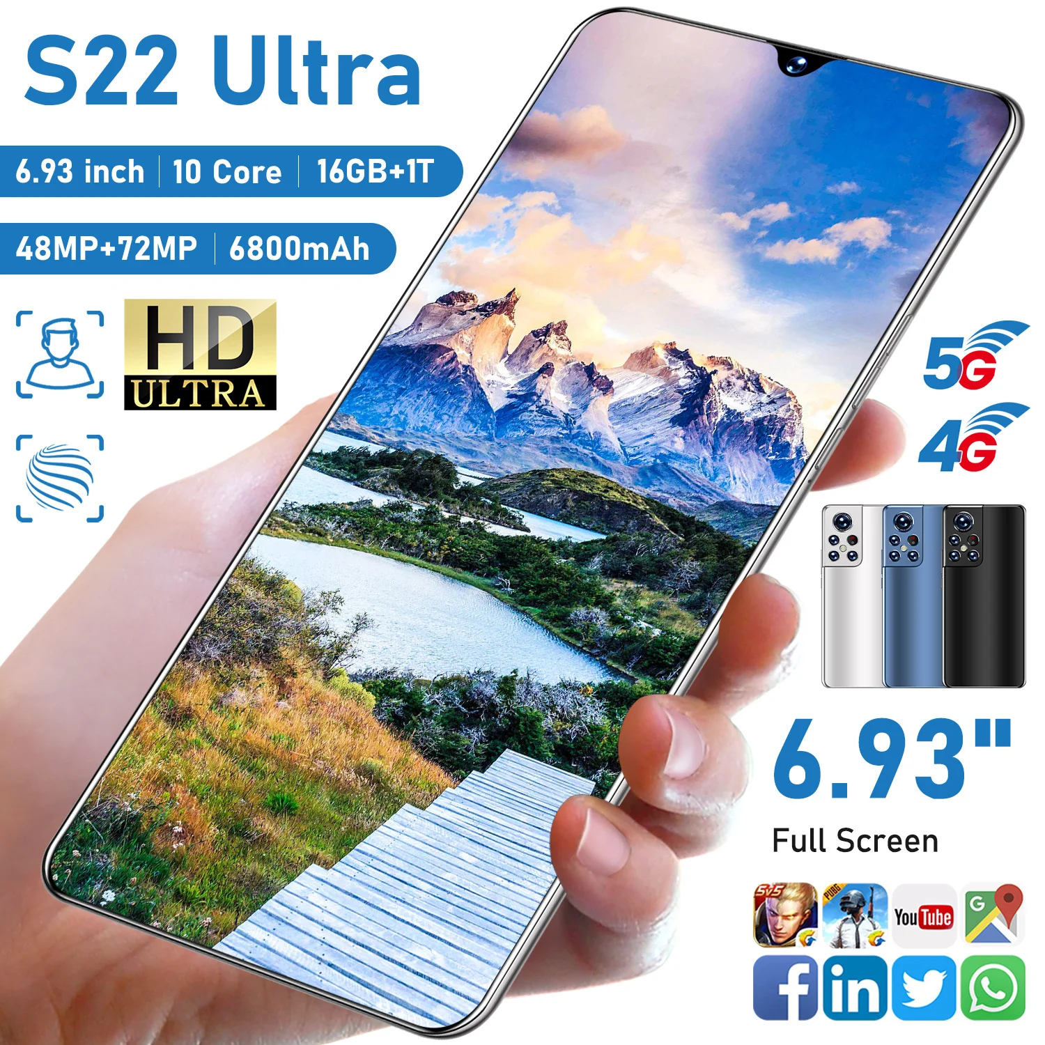

S22 смартфон с разблокировкой, 6,8 дюйма, Android 11, 16 ГБ, 512 ГБ, 6800 мАч, 10 ядер, 4G LTE