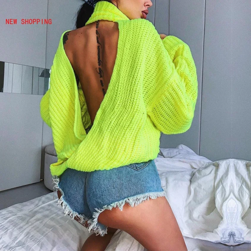 

Fashion Neon Green Sexy Backless Long Sleeve Turtleneck Sweater Women Loose Back Cross Casual Warm Autumn Winter Pullover Gray