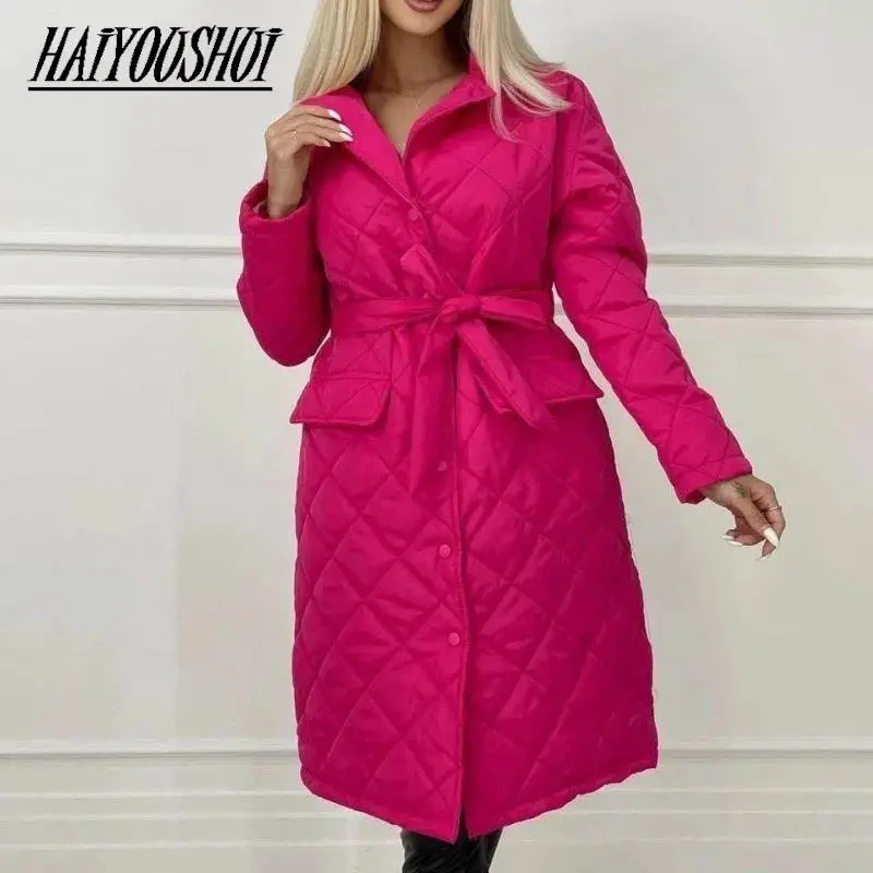 2022 Winter Women's Black Long Coat Cotton Padded Jacket Korean Casual Loose Street Style Belt Jacket Oversize
