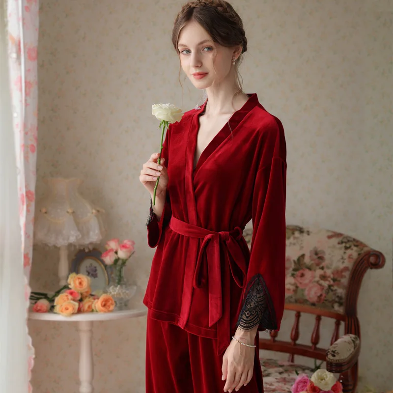 

FZSLCYIYI Sexy Burgundy Velour Long Sleeve Robe Kimono Pants Women Gold Velvet Sleepwear Nightwear Homewear Pajamas Sets