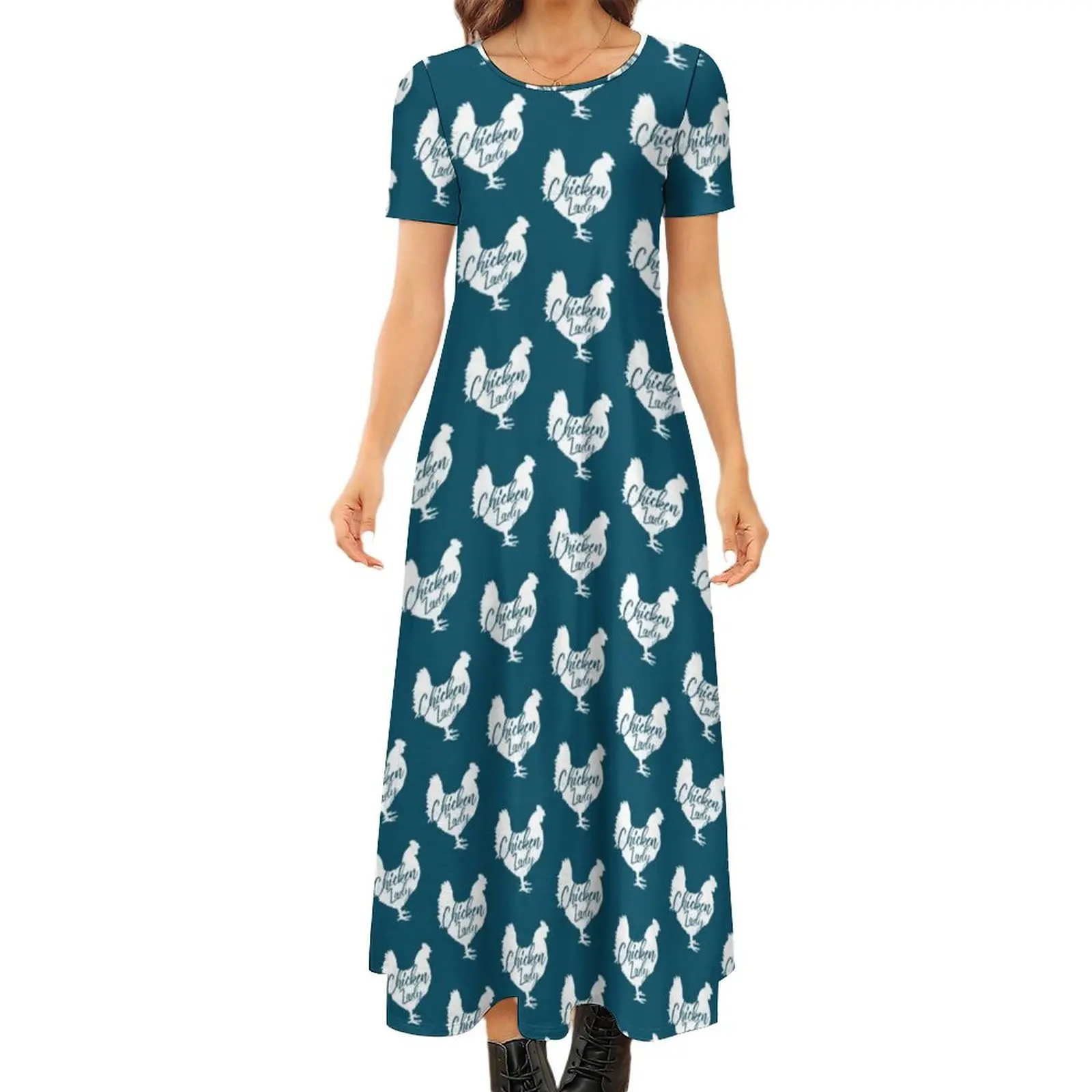 

Funny Farm Dress Chicken Lady Print Vintage Maxi Dress Short Sleeve Streetwear Boho Beach Long Dresses Women Oversize Vestidos