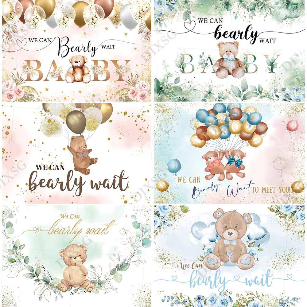 

DIXSG We Can Bearly Wait Banner Background Bear Baby Shower Kids Birthday Photography Backdrop Flower Balloon Photo Studio Props