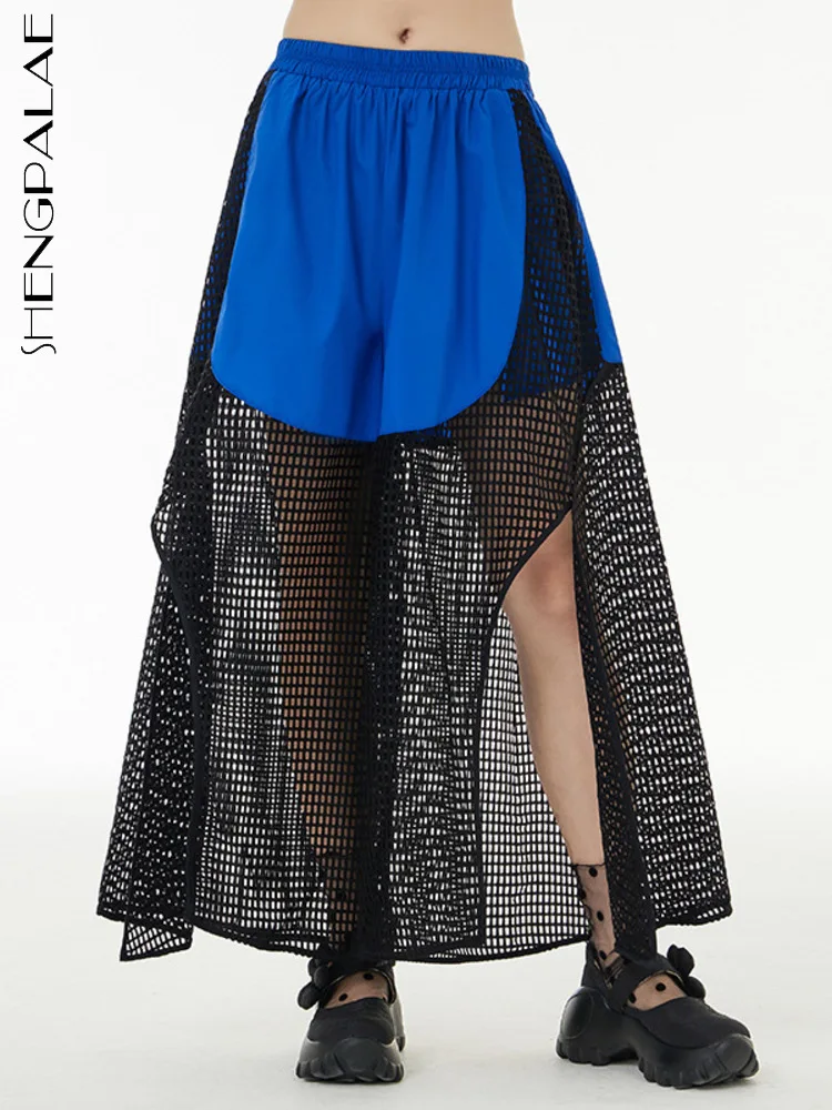 

SHENGPAIAE Patchwork Plaid Wide Leg Pant For Women 2022 Summer Thin High Waist Perspective Hollow Nine Point Casual Pants 5W242