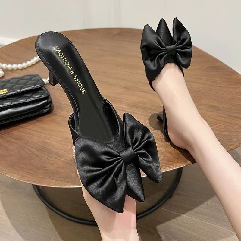 

Women's Shallow Pointed Toe Mules Stripper High Heels Shoes 2023 Summer New Fashion Big Butterfly-knot Slippers Sandals Pumps