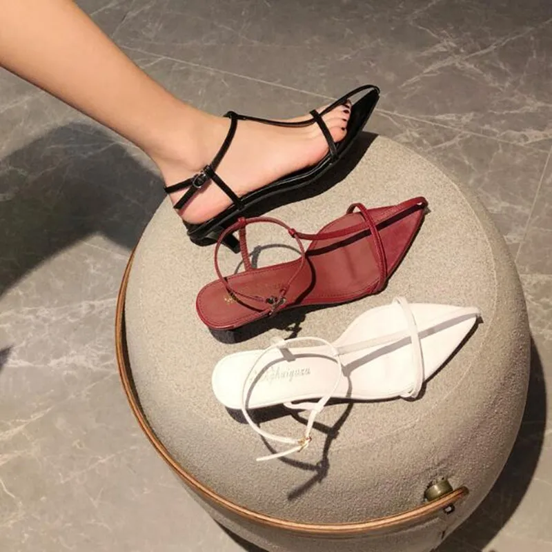 

Women Fashion Narrow Band Sandals Thin Low Heels Pointed Open Toe Ankle Strap Dress Shoes Solid Summer Ladies Gladiator Sandalia