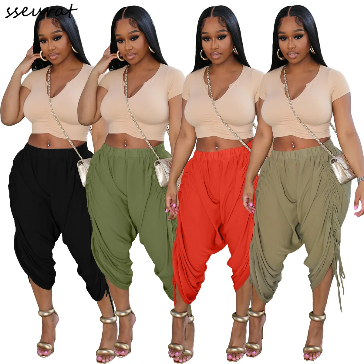 

2022 Spring Summer Casual Women Elastic Waist Solid Retro Loose Women's Shirring Pants
