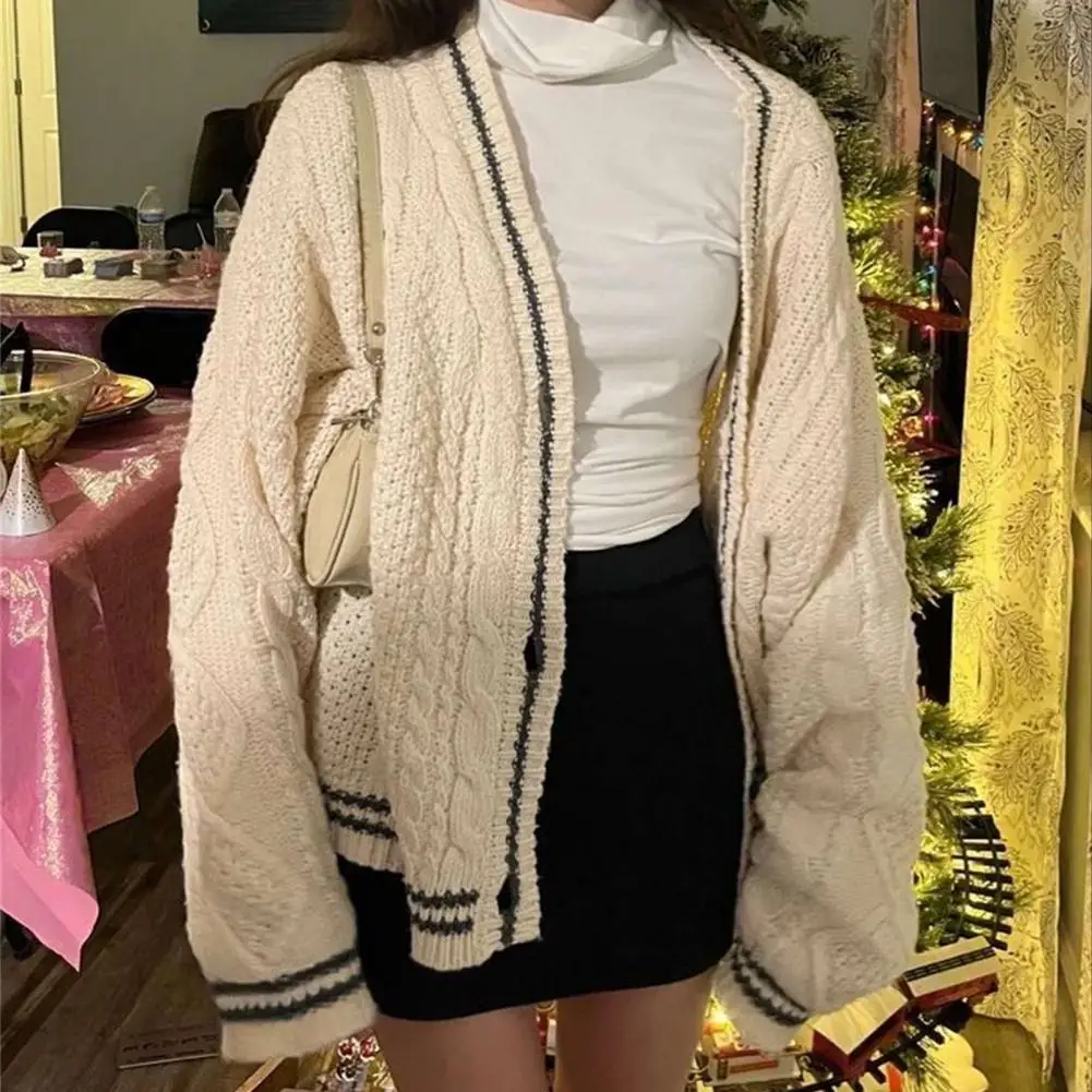 

Knitted Sweater Jacket Chic Striped Knitwear Coat Women's Autumn Winter V-neck Sweater with Star Print Twist Texture Stylish