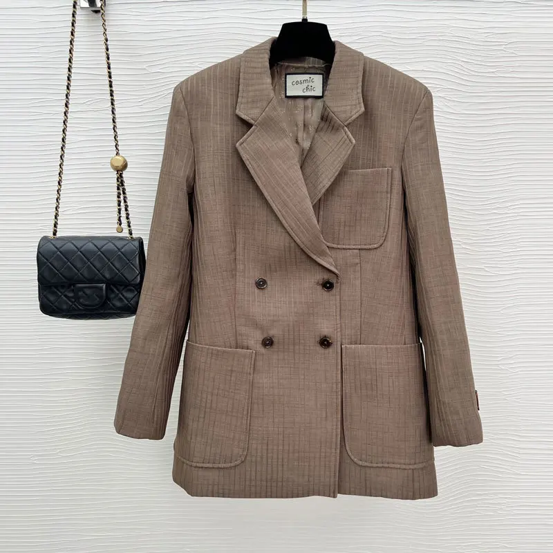 

2022 New Vintage Wool Blazer Coat Fashion Runway Lapel Double Breasted Long Sleeve Jacket Office Chic Women High End Clothes