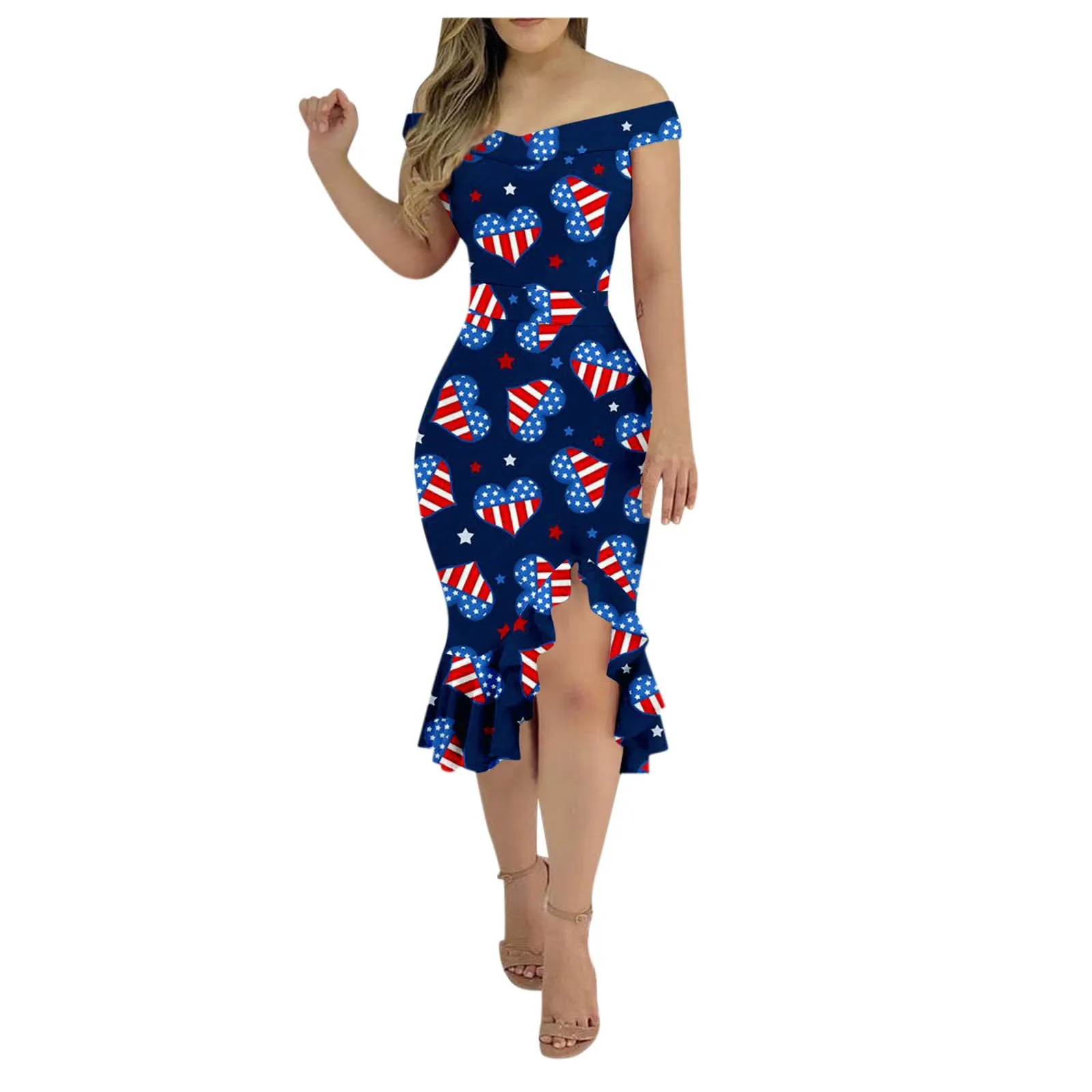 

Women's Casual Party Dress Skirt Independence Day Print Side Slit One-line Neck Sexy Backless Dress Casual Popular Womens Dress