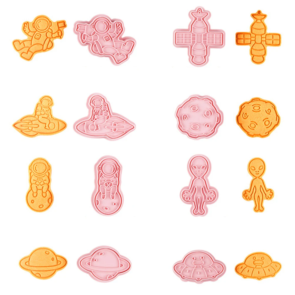 

8PCS Astronaut Cookie Cutters Set Plastic Biscuits Cutter Molds 3D Plastic Biscuit Press Stamp Molds Cookie Stamp Fondant Cutter