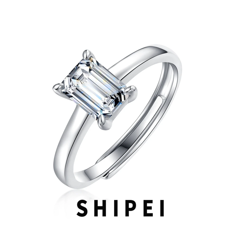 

SHIPEI 1CT Emerald Cut D Moissanite Diamond Gemstone Wedding Engagement Jewelry Classic 100% 925 Sterling Silver Adjustable Ring