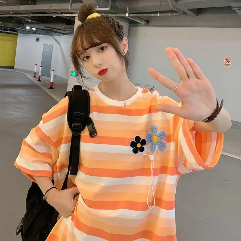 

Rainbow stripe T-shirt girl Instagram Korea summer 2022's new loose sweet and spicy orange short-sleeved top y2k aesthetic