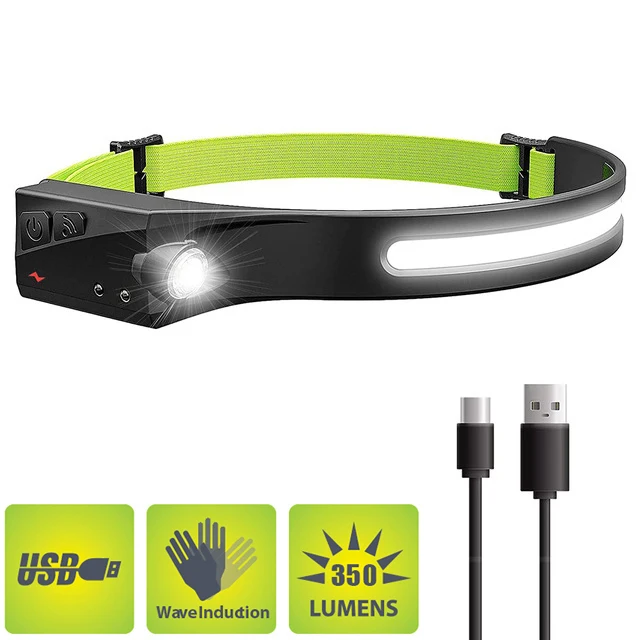 

COB LED Headlamp Sensor Powerful Flashlight with USB Rechargeable Head Flashlight 5 Lighting Modes for Fishing Camping Light