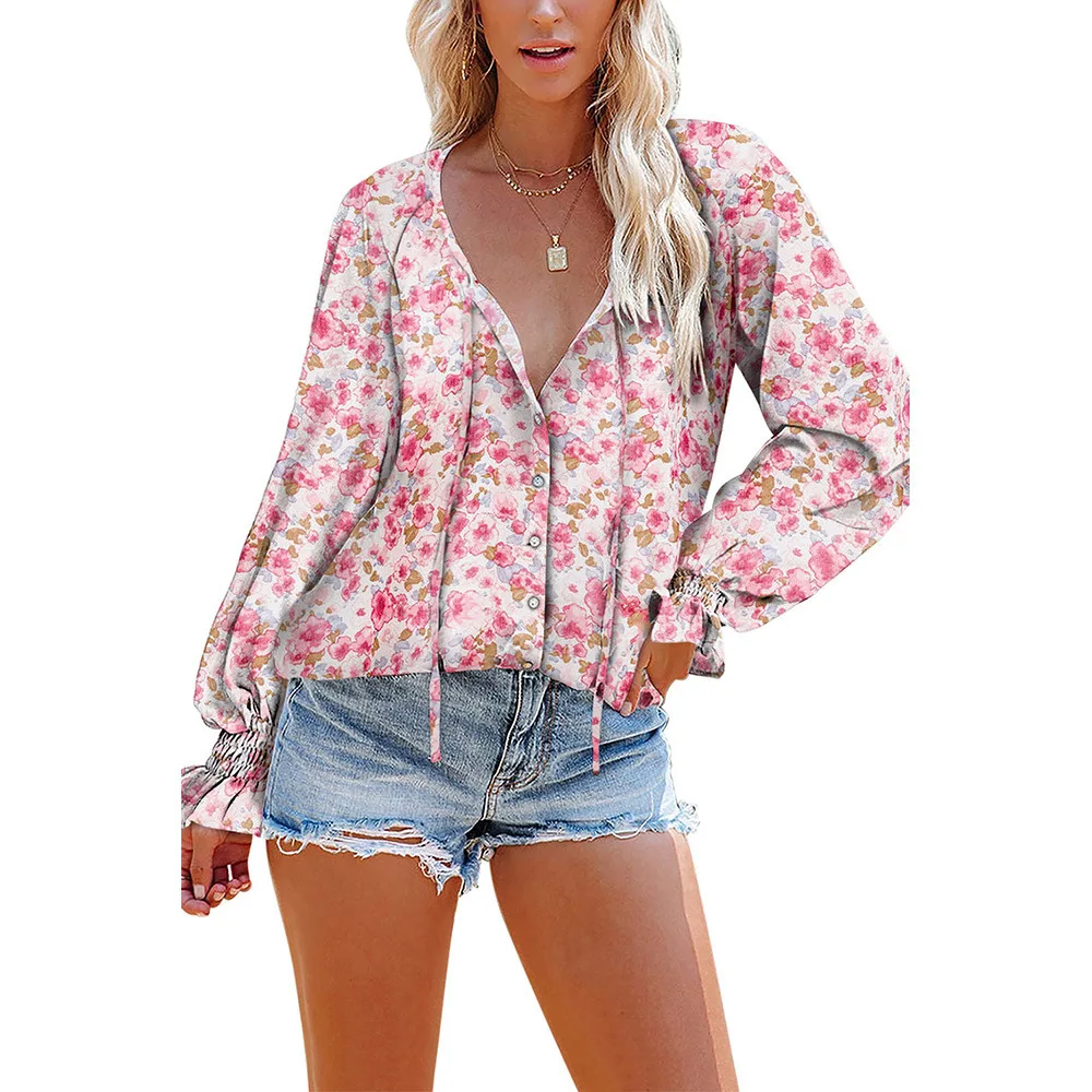 

T-shirt for Women Autumn and Winter Loose V-neck Pullover Casual Long-sleeved Floral Blouse