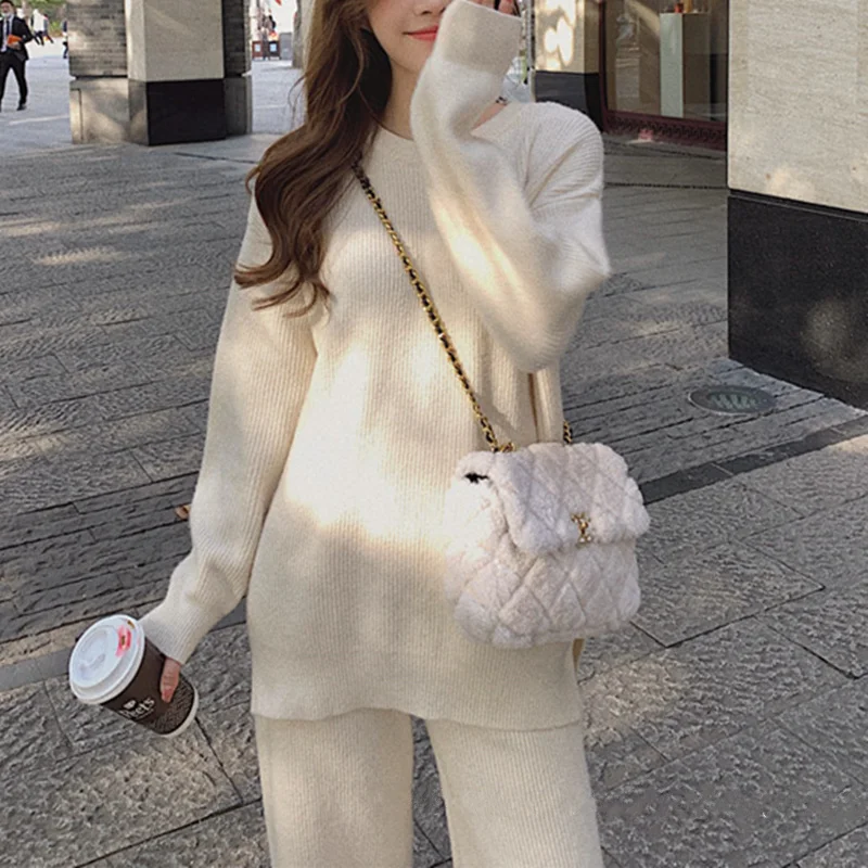 

Women's ensemble realefft, autumn, two pieces, knitting sweater, round collar, divided sweater and long-legged trousers,
