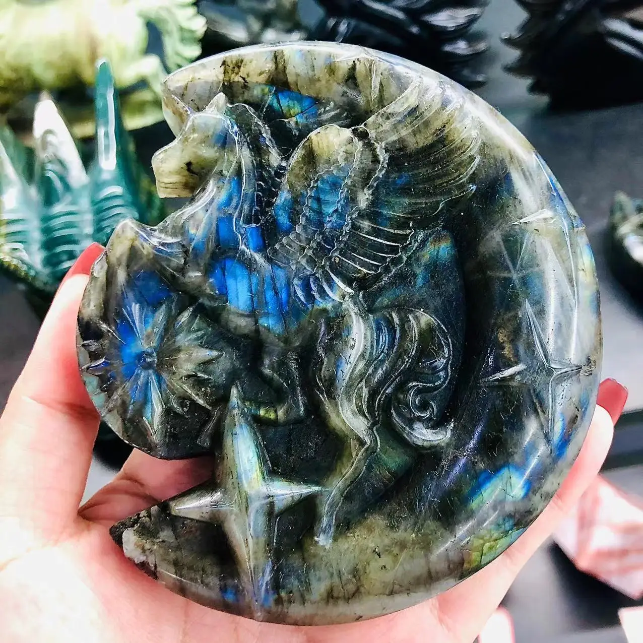 

Натуральный большой лабрадорит, единорог из горного хрусталя Carvings Reiki, лечебные камни, драгоценные камни для украшения дома, 10 см * 1,2 см