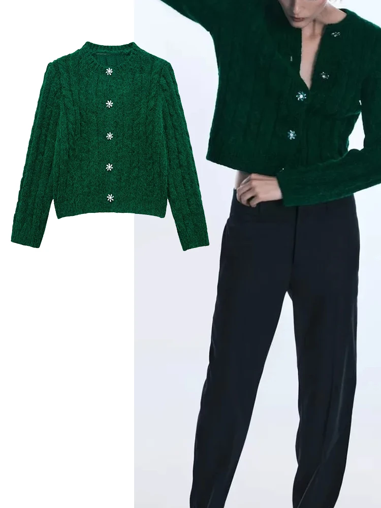 

TRAF Women Fashion Green Single Breasted Cardigan Sweater Artificial Jewelry Button Sweater Long Sleeve Chic Soft Tops