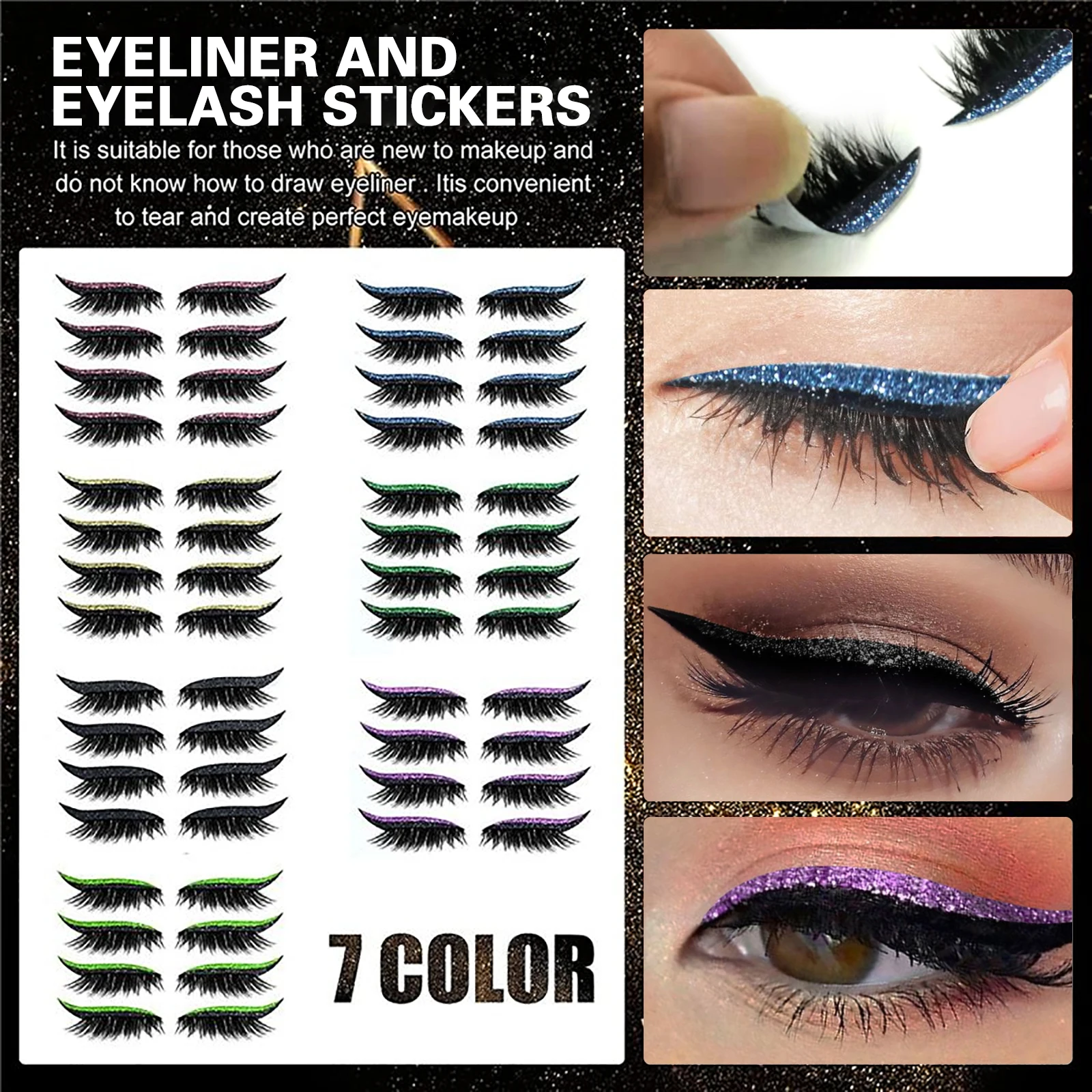 Free Shipping Eelhoe 7 Color Glitter Eyeliner False Eyelash Stickers Stage Reusable Double Eyelid Sticker Cat Eye Makeup Sticker