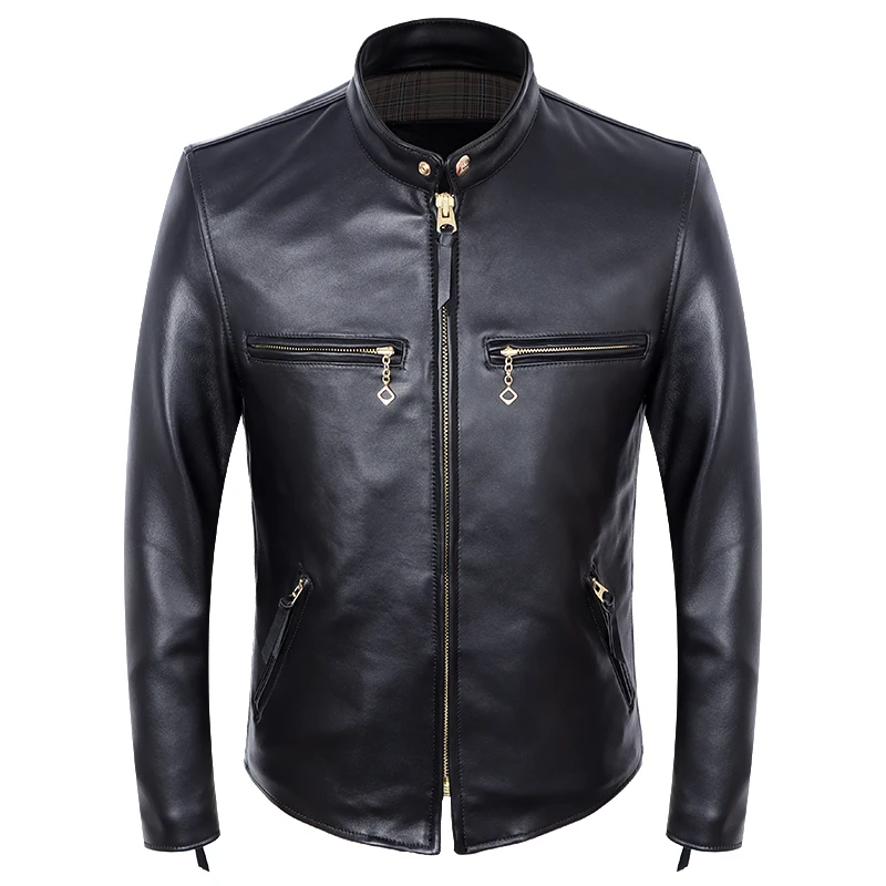 Мужская кожаная куртка из шкуры ягненка черная мотоциклетная натуральной