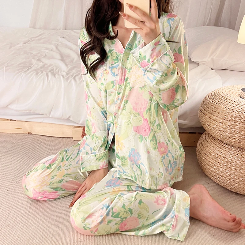 

Pijamas Women Set 2 Pieces Pajamas Silk Satin Sleepwear Nightwear Lounge Wear Sleep Tops Pants Pjs Home Suit
