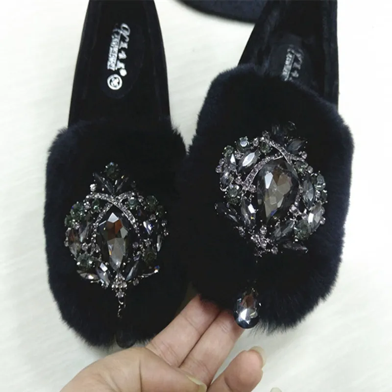 Women Fur Brand Snow Loafers Plush Female Shoes Warm Crystal Flexible Peas Oxfords Ballet Flats