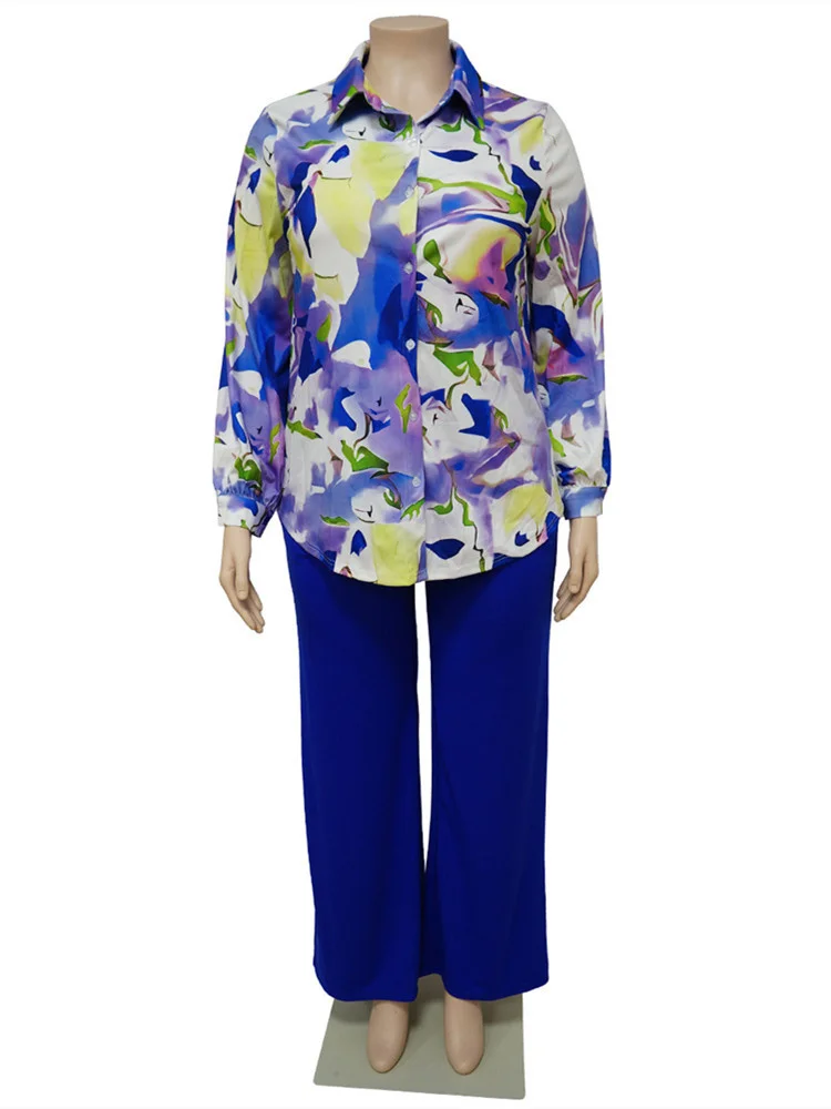 Plus Size Sets Shirts Tops and Pants 2 Piece Women Print Pockets Wide Leg Office Lady Fashion Matching 3xl 4xl 5xl 6xl
