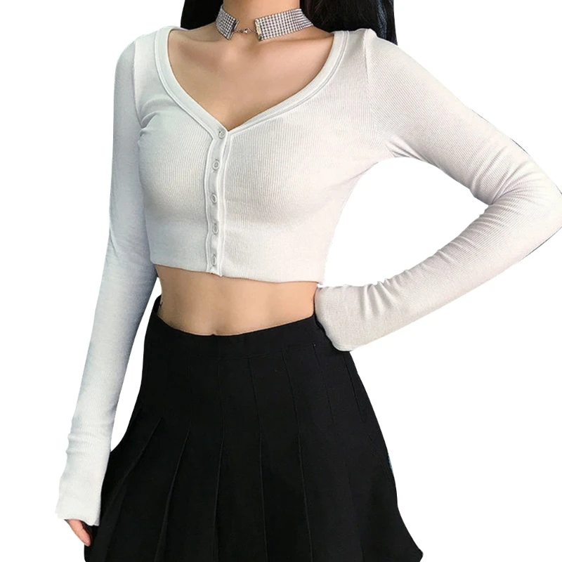 

Женский трикотажный укороченный свитер, облегающий Кардиган с длинным рукавом, V-образным вырезом и пуговицами