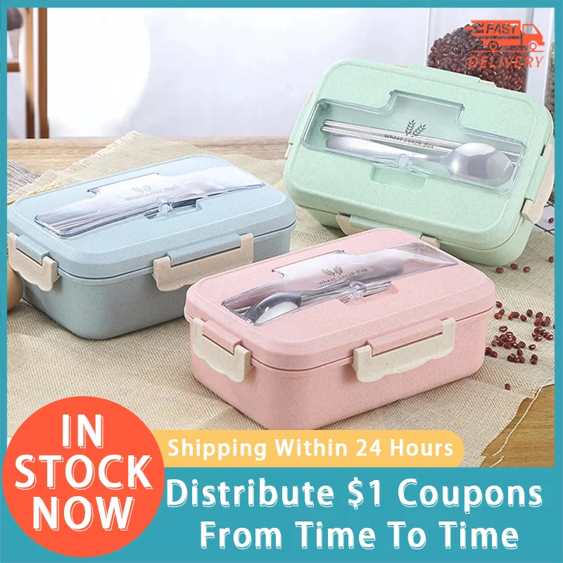 

Portable Plastic Lunch Box Bento Box Chopsticks Spoon Microwave Heating Leak-proof Food Storage Container Tableware