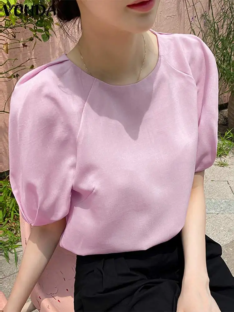 

VONDA 2022 Women Blouse Vintage Short Sleeve Pleated Tops Summer Casual Solid Color Blouse Female Oversized Blusas Femininas