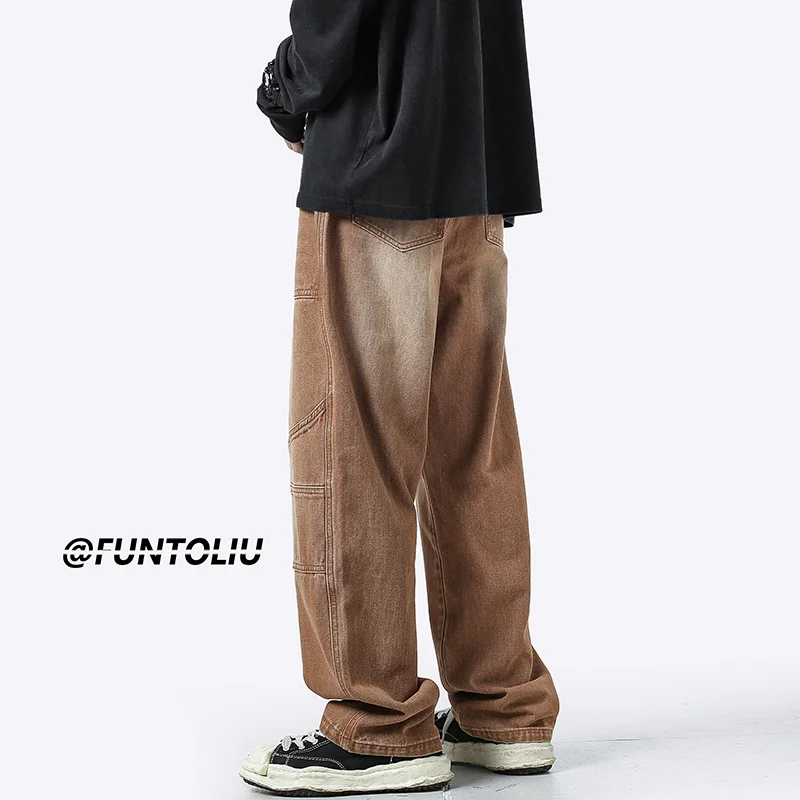 4 Colors Baggy Cargo Jeans Men Fashion Casual Pocket Jeans Men Streetwear Hip Hop Loose Straight Denim Pants Mens Trousers M-2XL