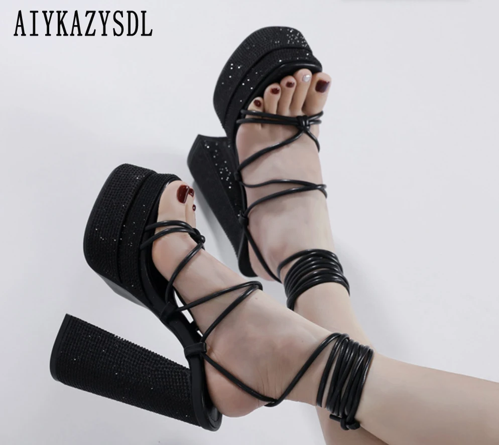 

AIYKAZYSDL Crystal Cross Strap Strappy Gladiator Sandals Platform Thick Block Chunky Ultra High Heel Dance Prom Shoes Party 42