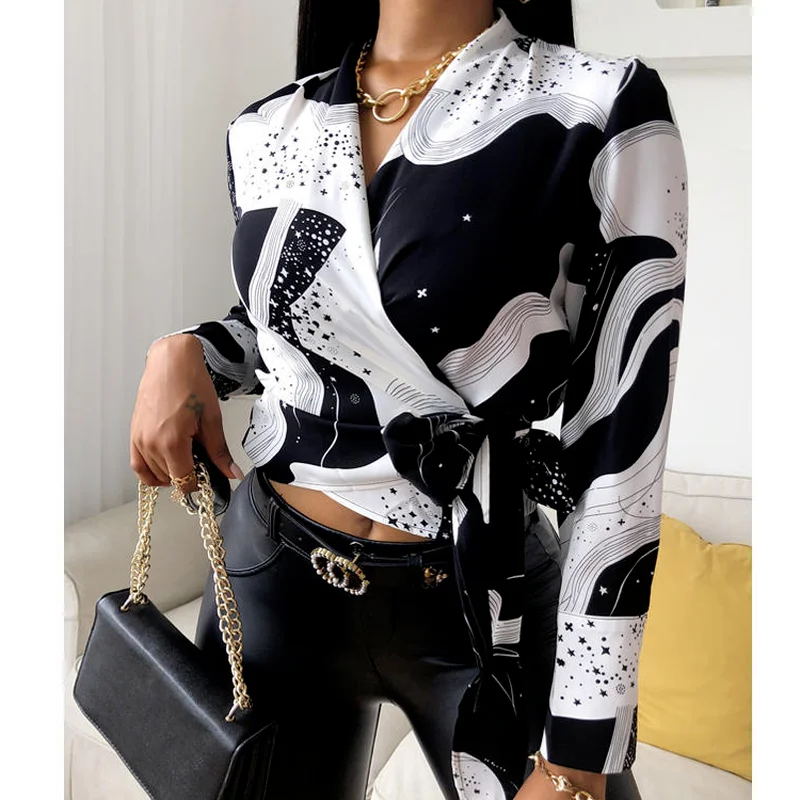 

Ladies Women's Side Tie Long Sleeve Cow Print Tie Front Wrap-around Top Ladies Temperament V-neck Colorblock T-shirt 2023 New