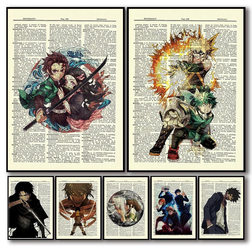 

Japan vintage Newspaper Anime Demon Slayer My Hero Academia Jujutsu Kaisen Wall art Home decoration HD posters canvas painting