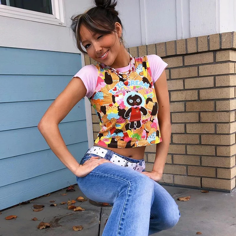 

Cute Short Sleeve T Shirt Y2k Fashion Letter Printing Women Crop Top Casual 2021 Summer Clothes Bodycon Sexy Print Streetwear