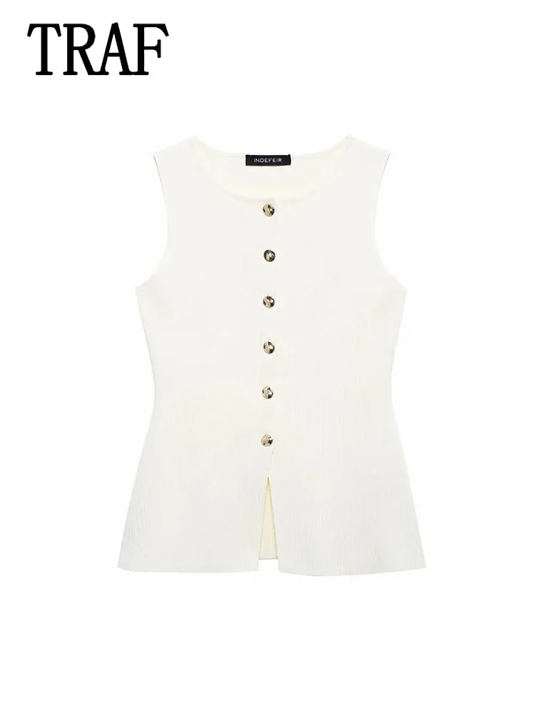 TRAF женский однобортный свитер топы новый летний элегантный жилет однотонный
