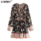 Женское винтажное платье с цветочным принтом, длинным рукавом и V-образным вырезом