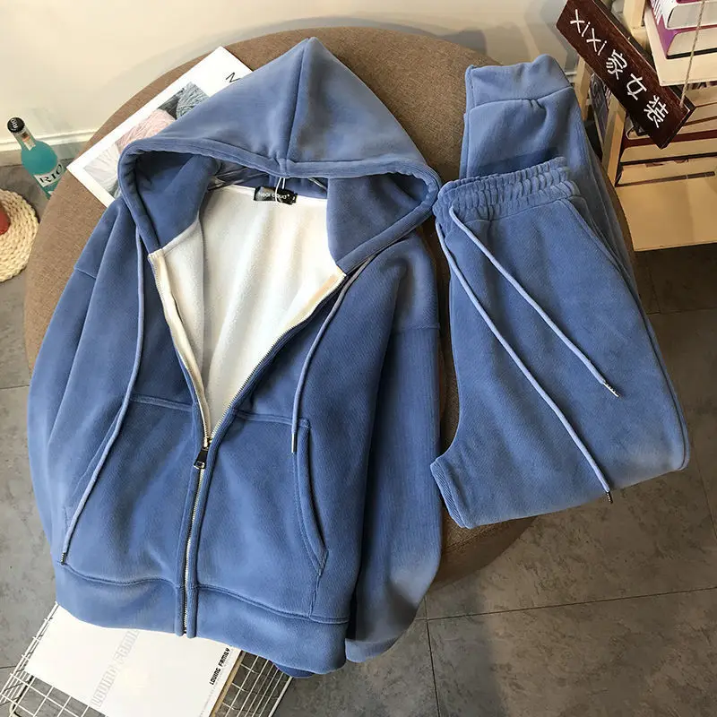 

Casual Women's Autumn Sports Suit 2-piece Pure Color Jacket Hoodie Plus Velvet Warm Zipper Suit Women's Clothing Winter KJ1254