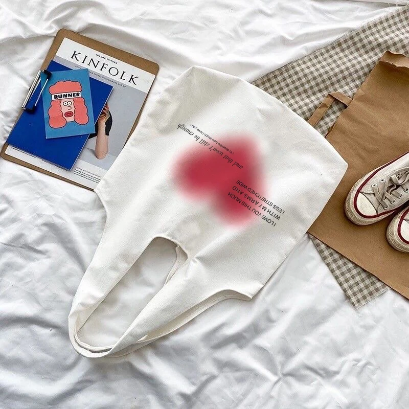 

korea Heart print canvas bag casual large capacity teenage school bag casual new women shoulder bag kawaii Tote female handbag