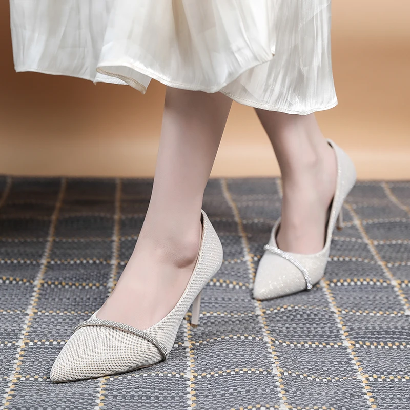 

2022 New Summer Women's Stiletto High Heels Sequins Pointed Rhinestones Shallow Mouth Fashion Sexy Plus Size Wedding Shoes 34-43