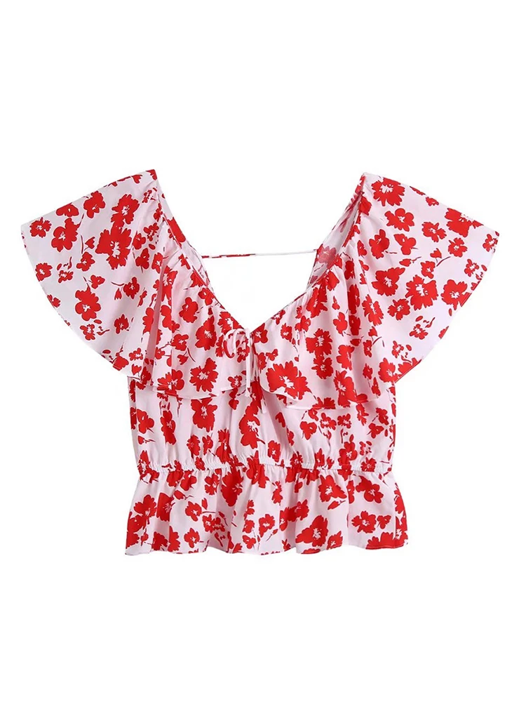 

Элегантная женская красная короткая рубашка Evfer с цветочным принтом и высокой талией, женские летние модные облегающие топы с V-образным выр...